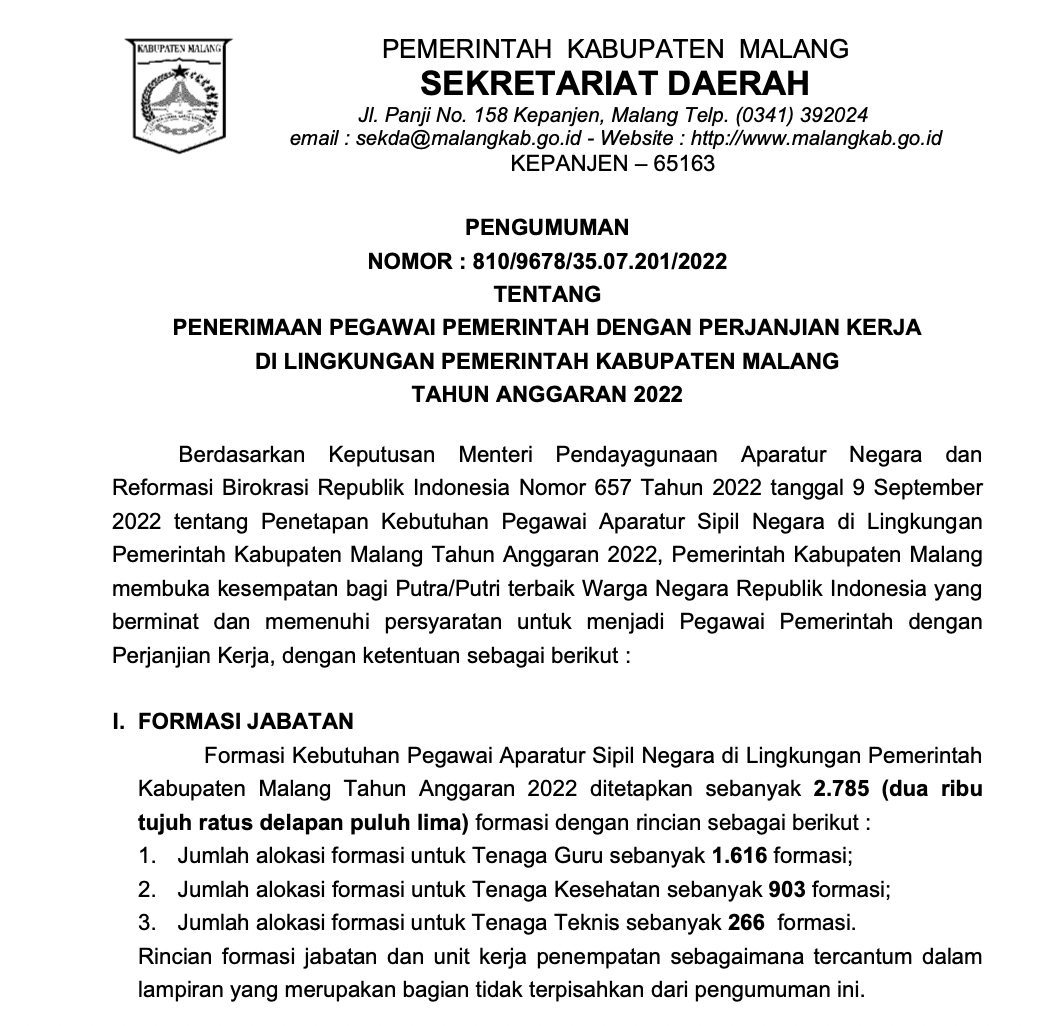 Formasi Resmi PPPK 2022 Kabupaten Malang
